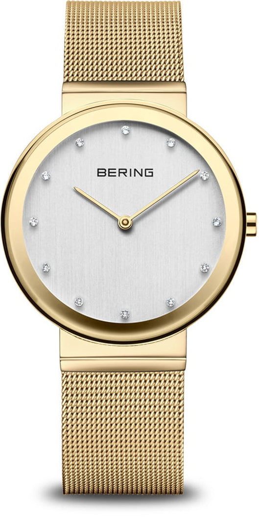 Damenuhr BERING Classic mit goldglänzendem Gehäuse weißem Zifferblatt und Milanaiseband - Bering Modell: 10135-334