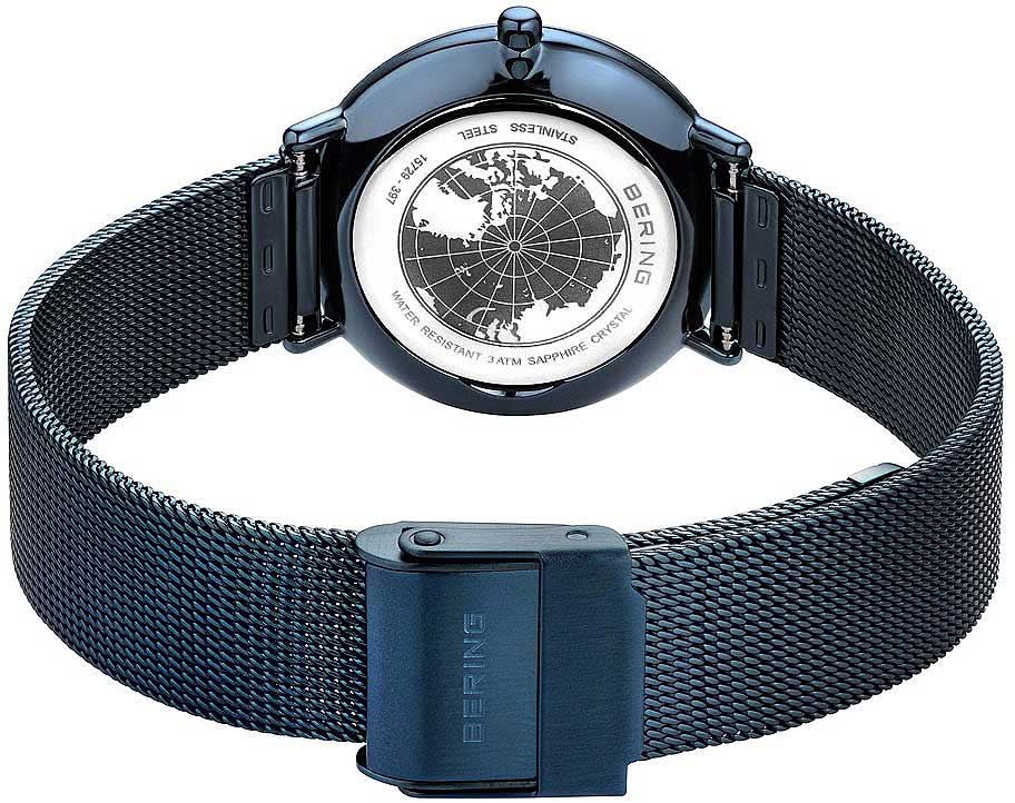 Bering Ultra Slim 15729-397 Damenuhr • Kratzfestes Saphirglas • Blaues Milanaise-Band
