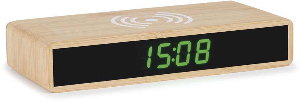 Atlanta Modern Digital Alarm Clock 16x3x7.5 cm Bamboo/Plastic • Inductive Charging Function • Dimmable LED Display