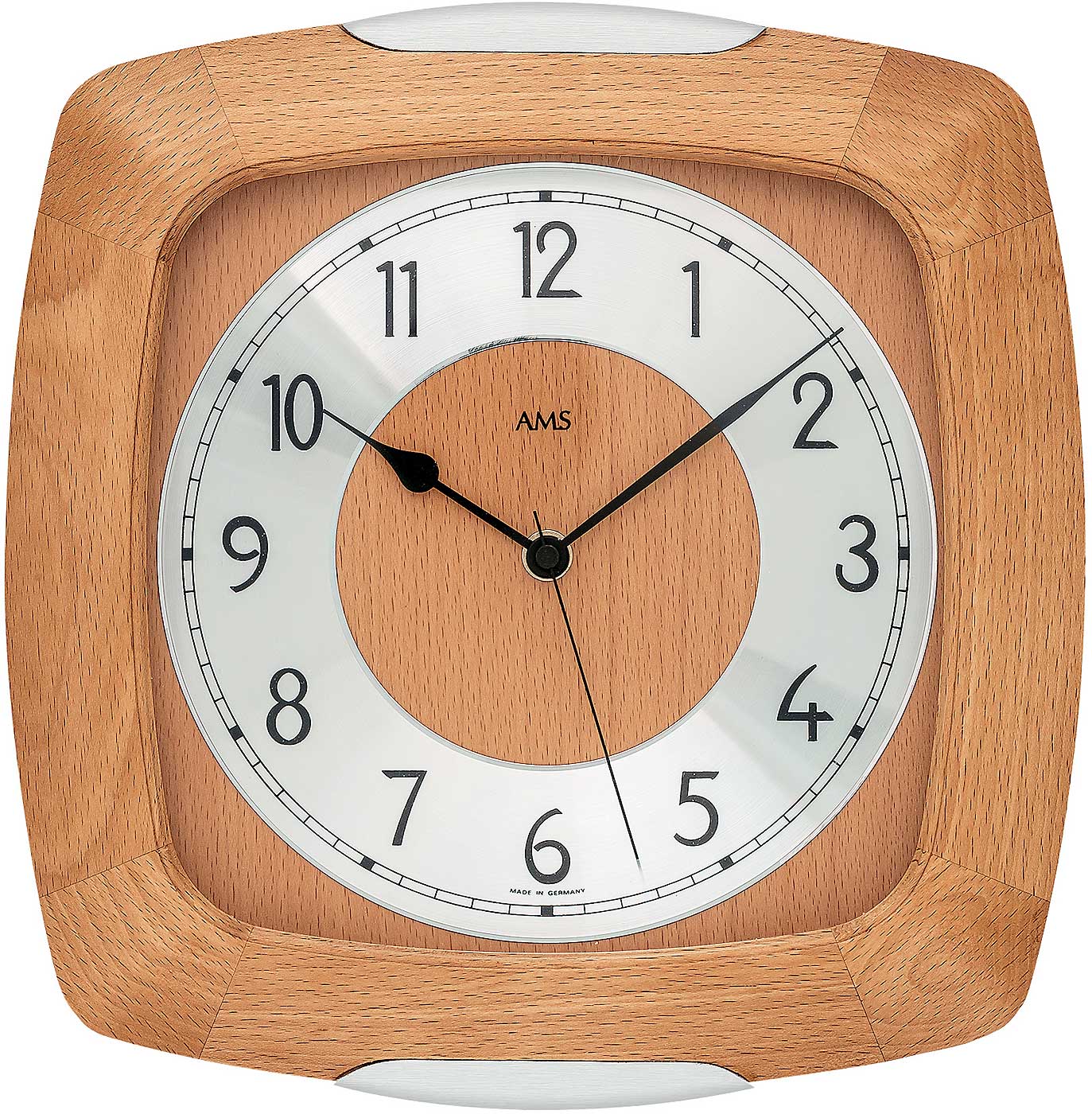AMS Wanduhr 28x27x5 cm Holz • Präzises Funkwerk • Edles Buchenholz