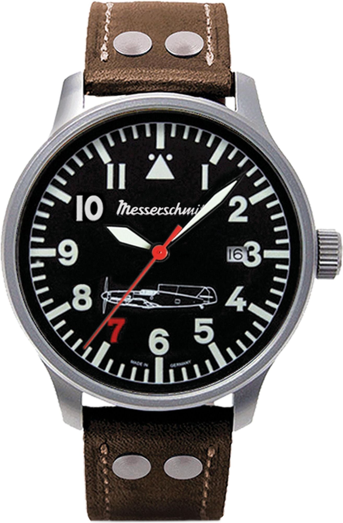 Herrenuhr, Fliegeruhr aus Edelstahl - Schwarzes Zifferblatt - Messerschmitt Modell: 109-42R7