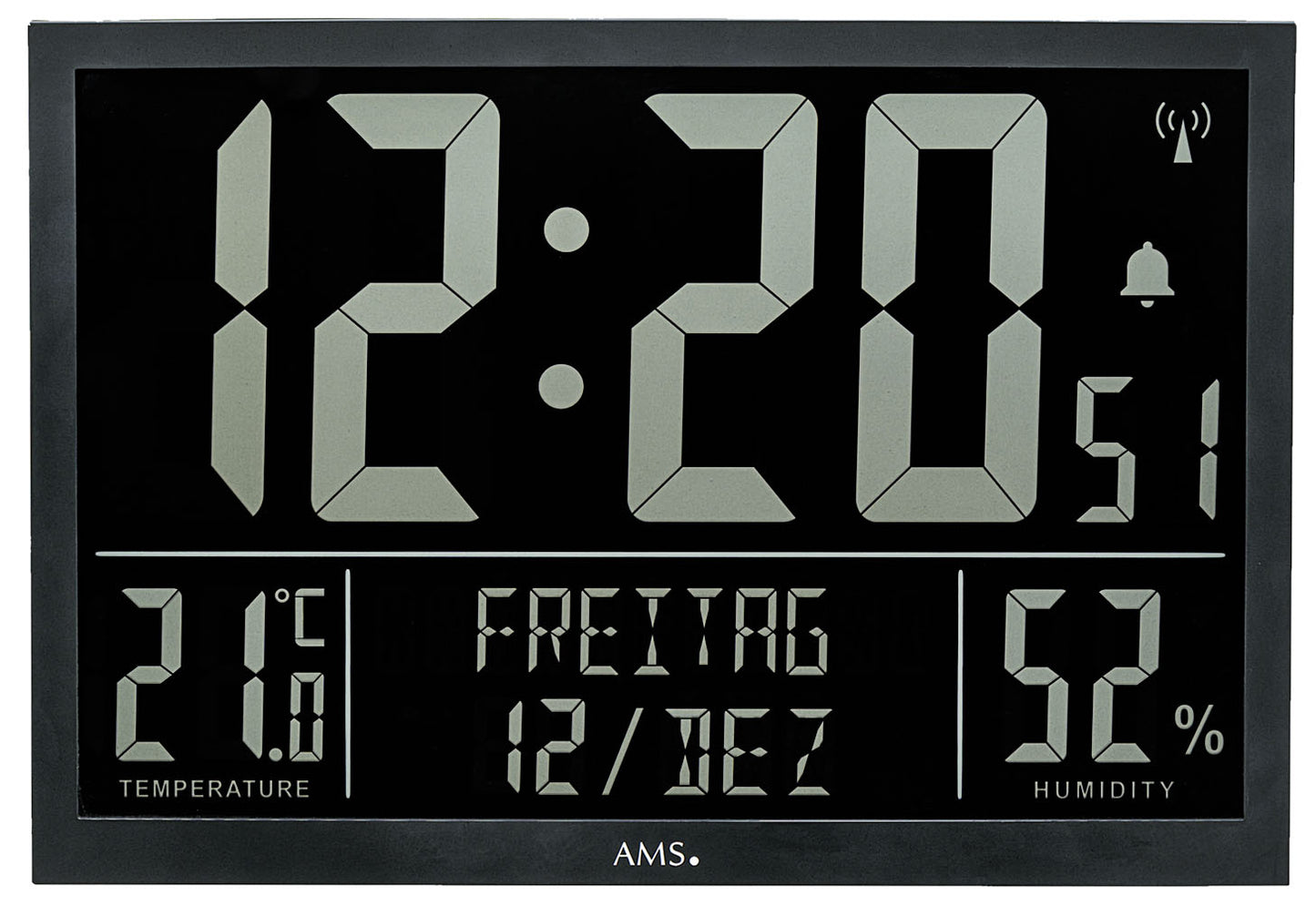 AMS Digitale Funk-Wanduhr F5889 • LCD Anzeige • Temperatur & Luftfeuchtigkeit