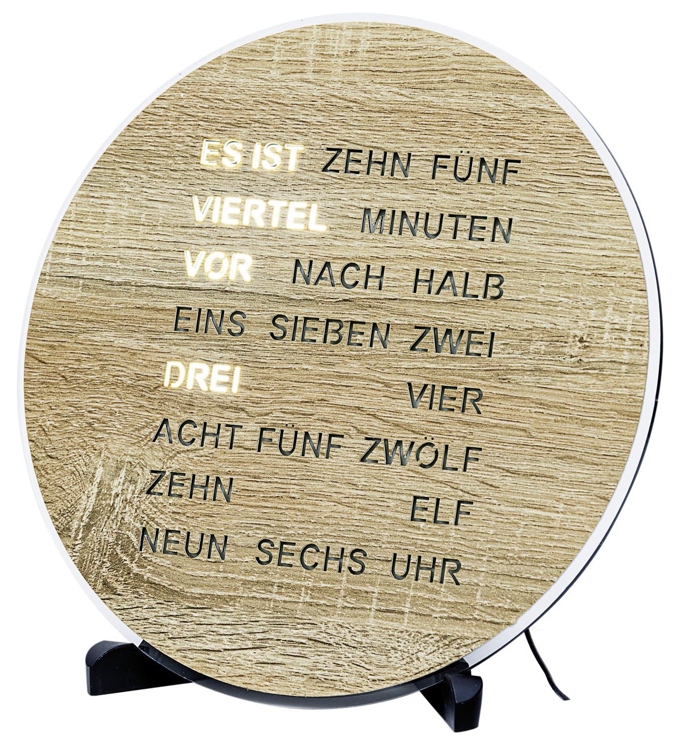 AMS Tisch- und Wanduhr T1287 • LED-Anzeige • Wortuhr in Sonoma-Eiche-Optik