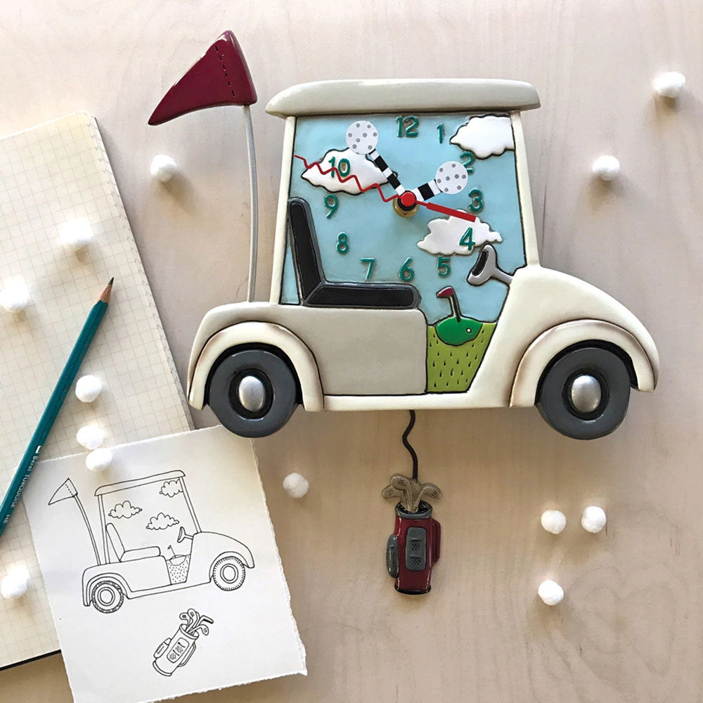 Allen Designs Wanduhr 29x25x5 cm Kunststoff • Lustiges Golf Design • Mit schwingendem Pendel