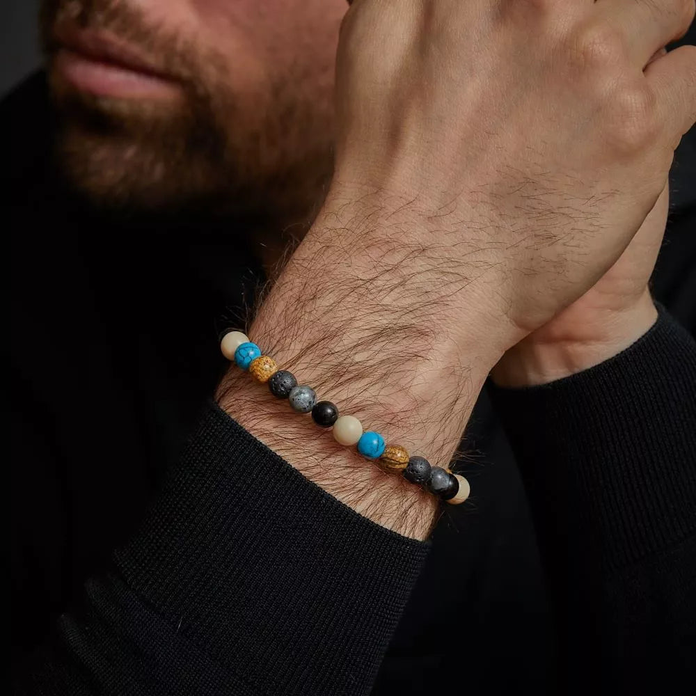 Armband aus 8mm großen Edelsteinen aus Achat, Larvikit, Lavastein, Bild Jaspis, Turqurenit und Fossil mit Edelstahlverschluss - Rebel&Rose Modell: RR-80064-S-M