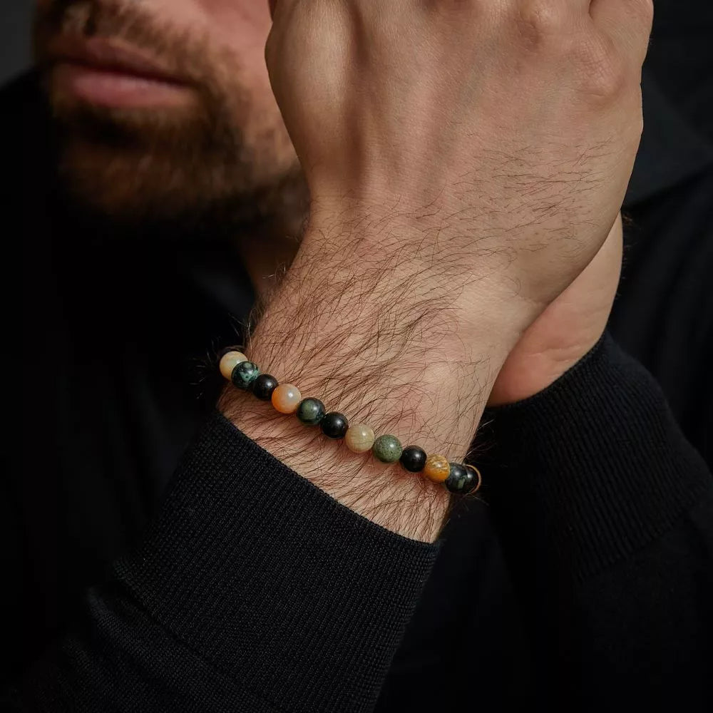Armband aus 8mm großen Edelsteinen aus Rhyolith, Chrysantheme und Achat mit Edelstahlverschluss - Rebel&Rose Modell: RR-80051-S-L