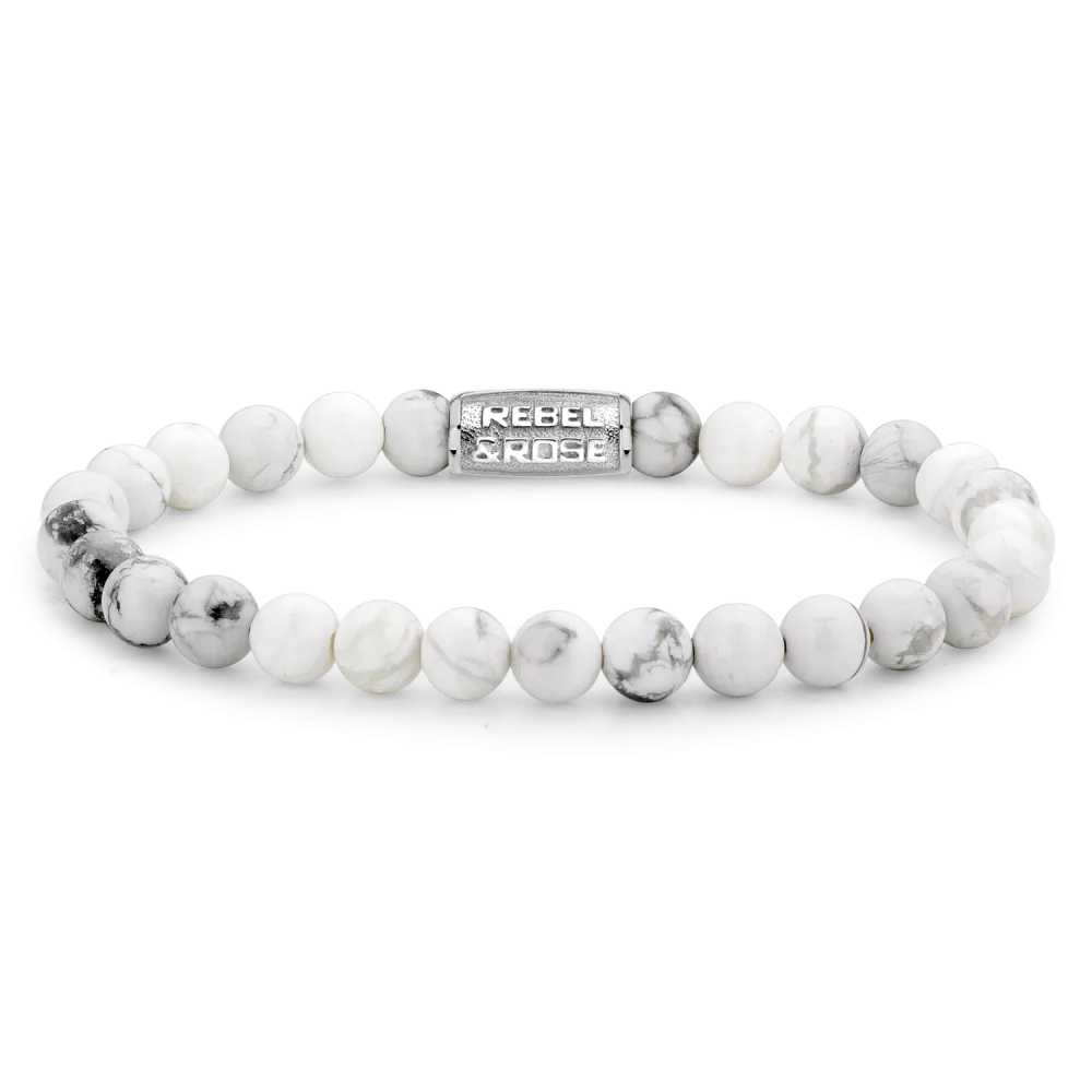 Armband aus 6mm Edelsteinen in Weiß mit Edelstahlverschluss - Rebel&Rose Modell: RR-60016-S-M