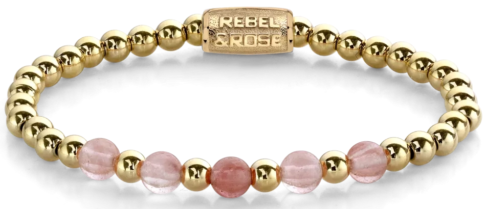 Armband aus 6mm pinken und goldfarbenen Steinen mit Edelstahlverschluss - Rebel&Rose Modell: RR-60081-G-M