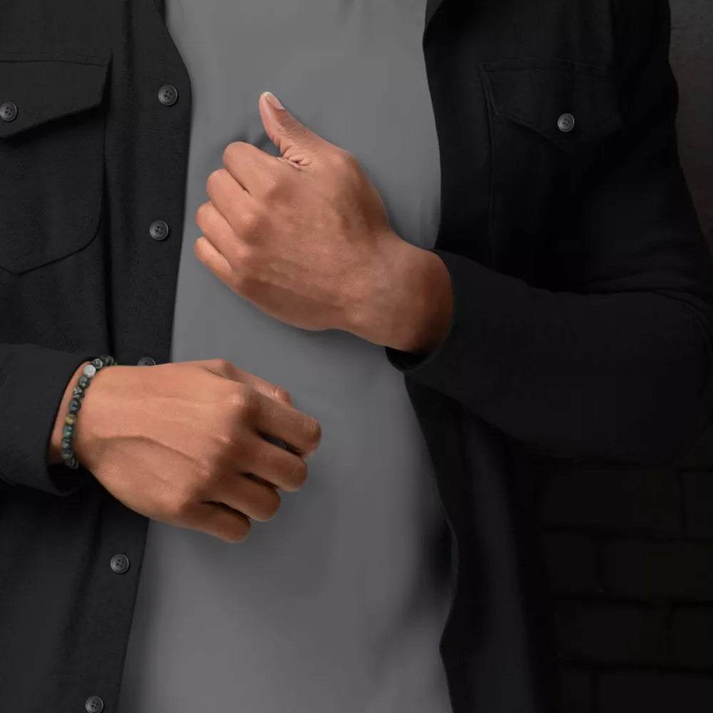 Armband aus 8mm großen dunkelgrünen Moos-Achat-Edelsteinen mit dunkelgrünem Stahlverschluss - Rebel&Rose Modell: RR-80098-V-L