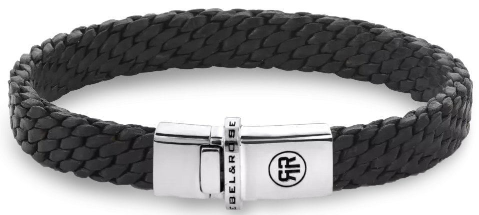 Armband aus insgesamt 9,2mm dickem, schwarzem, geflochtenen Lederschnüren, (jede Schnur ist 2mm dick), mit Silberverschluss - Rebel&Rose Modell: RR-L0161-S-M
