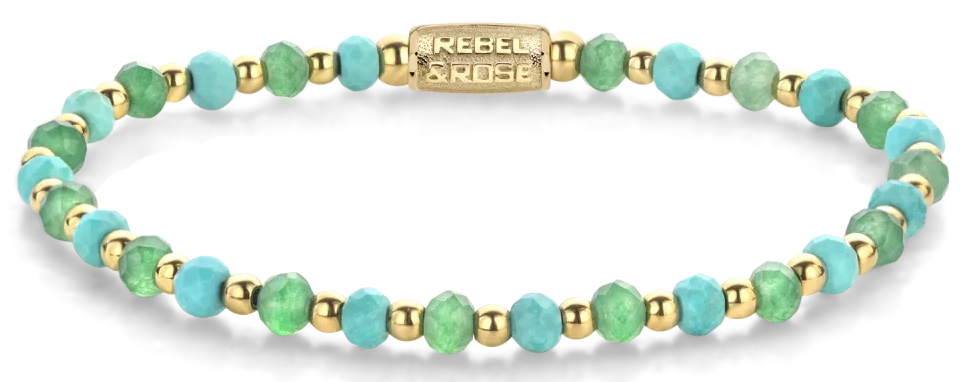 Armband aus 4mm Türkis- und grünen Aventurin-Facettenperlen und Edelstahlverschluss - Rebel&Rose Modell: RR-40143-G-M
