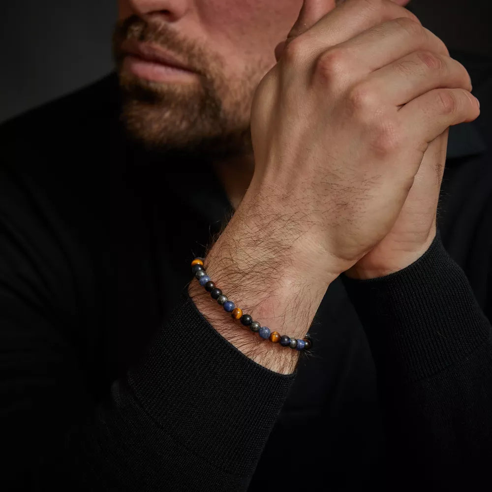 Armband aus 6mm Sodalith, gelbem Tigerauge, blauem Tigerauge und grauem Hämatit Edelsteinen mit grauem Edelstahlverschluss - Rebel&Rose Modell: RR-60110-V-M