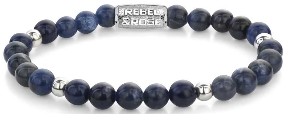 Armband aus 6mm großen blauen Sodalith-Steinen Edelsteinen mit Edelstahlverschluss - Rebel&Rose Modell: RR-60138-S-M