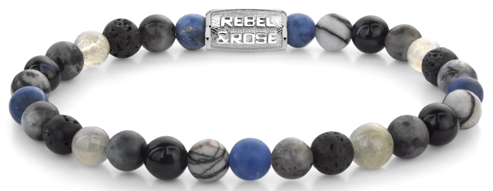 Armband aus 6mm großen Sodalithblau, Achat, Tigeraugeblau, Larvenkitgrau, Labradorit und Lavasteinen mit Edelstahlverschluss - Rebel&Rose Modell: RR-60142-S-L
