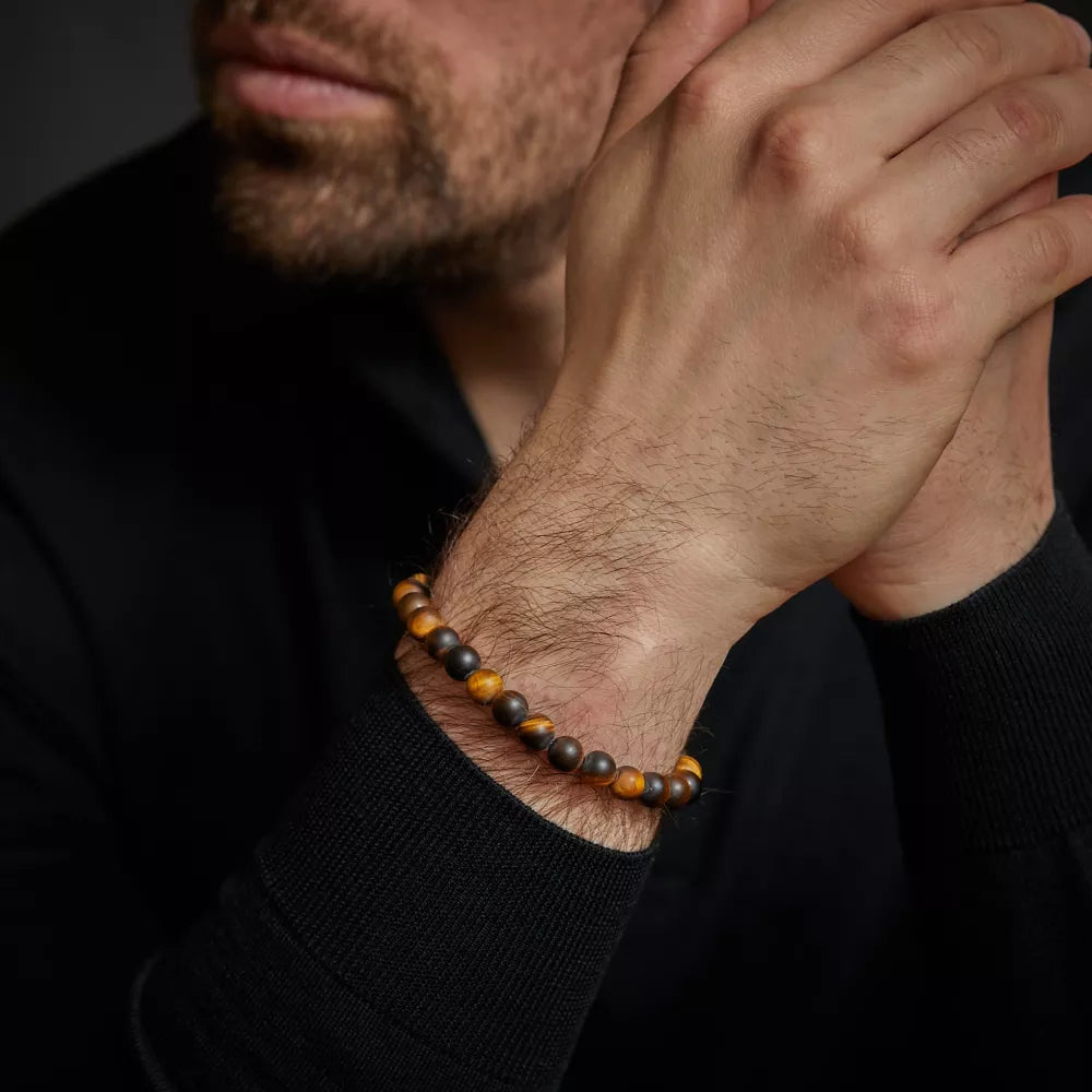Armband aus 8mm großen Tigerauge-Steinen mit Edelstahlverschluss - Rebel&Rose Modell: RR-80042-S-M