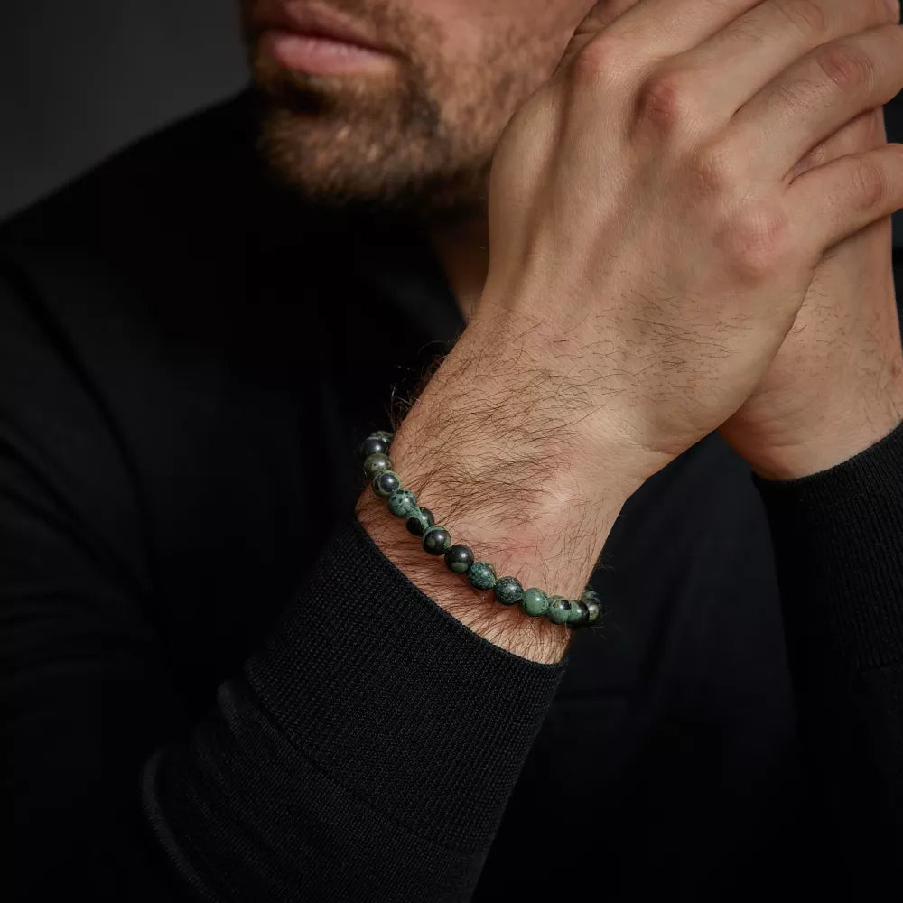 Armband aus 8mm großen Rhyolithsteinen mit Metallverschluss - Rebel&Rose Modell: RR-80107-S-M