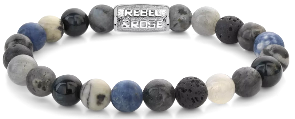 Armband aus 8mm großen Sodalithblau, Achat, Tigeraugeblau, Larvenkitgrau, Labradorit und Lavasteinen mit Metallverschluss - Rebel&Rose Modell: RR-80114-S-L
