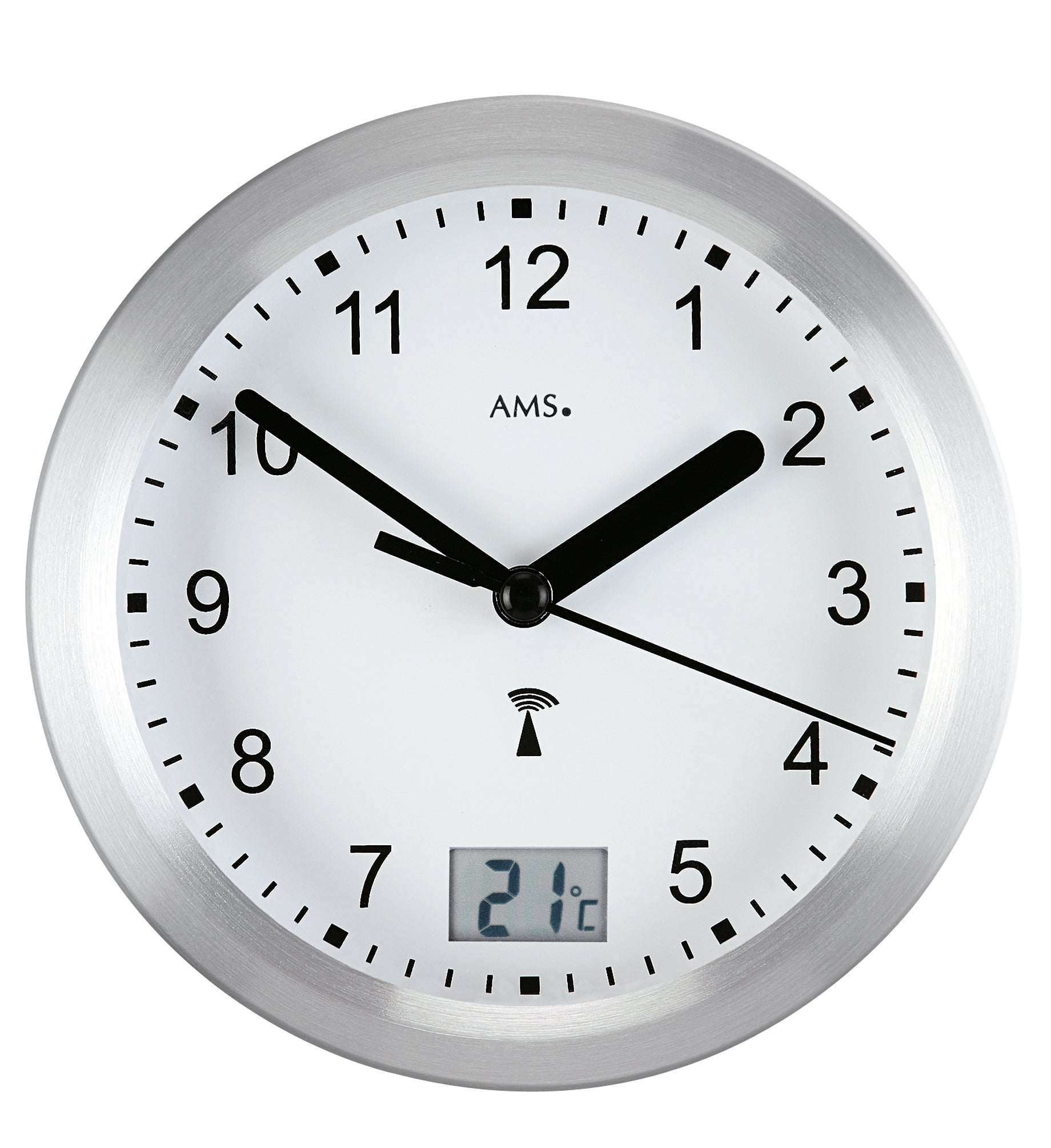 Silberne Wanduhr mit Funkanzeige, schwarzem Zifferblatt und Zeigern
