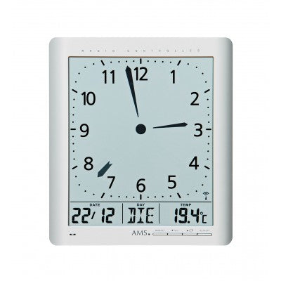 Wanduhr mit quadratischem Gehäuse, analogem Zifferblatt und digitaler Datumsanzeige