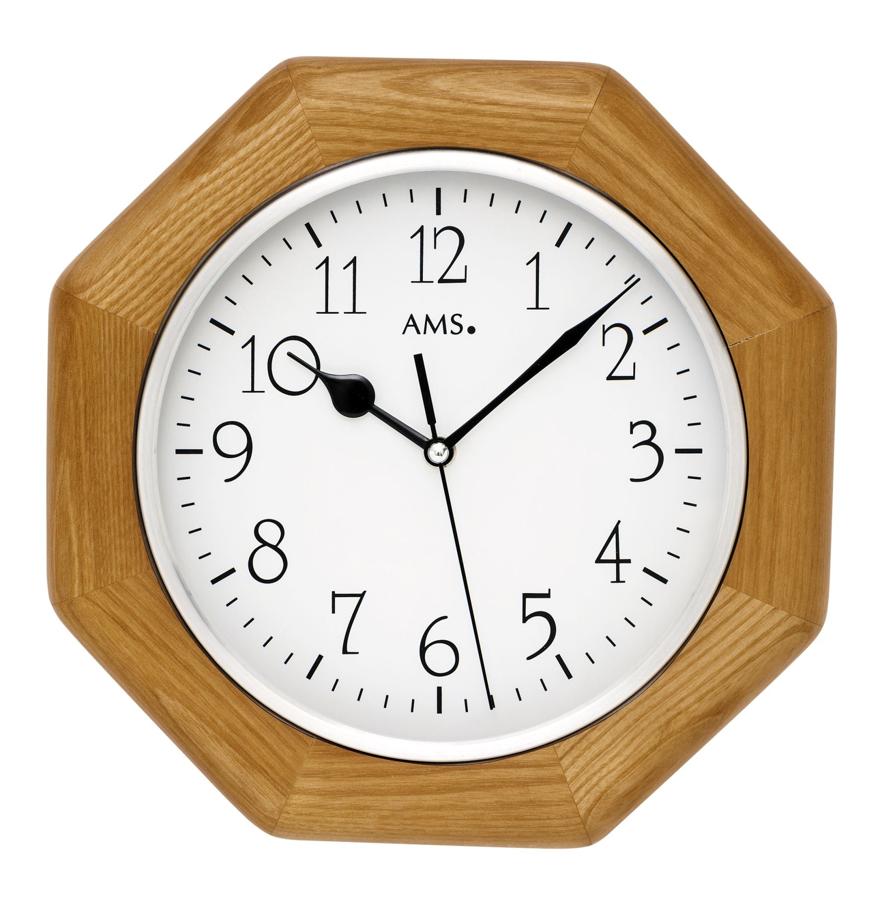 Wanduhr mit hölzernem Rahmen und weißem Zifferblatt, Mineralglasabdeckung