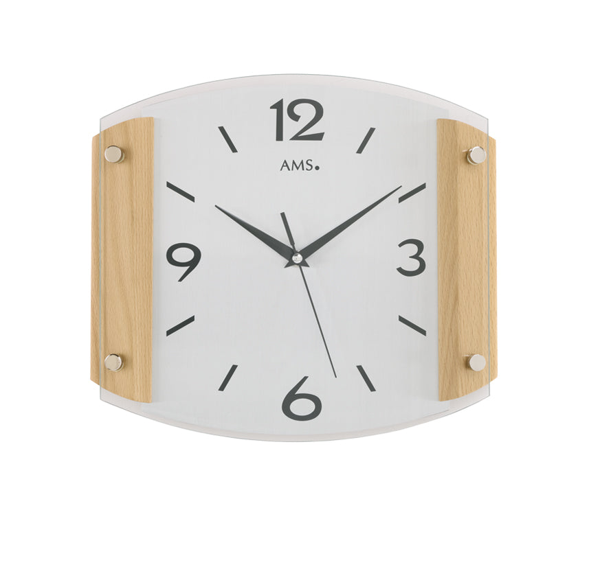 Funk-Wanduhr mit Holzrahmen und weißem Zifferblatt, schwarze Zahlen und Zeiger
