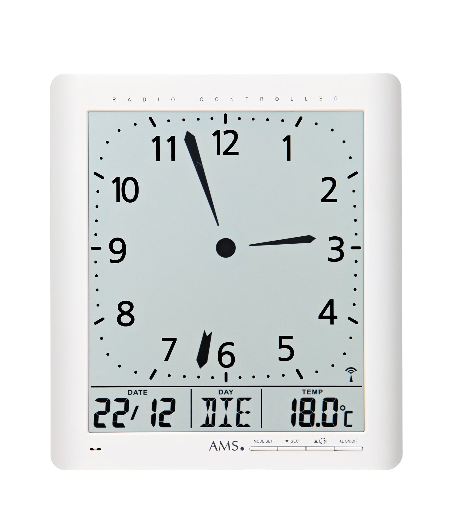 Weiße Funk-Wanduhr mit Analogzeigern und Digitalanzeige für Temperatur