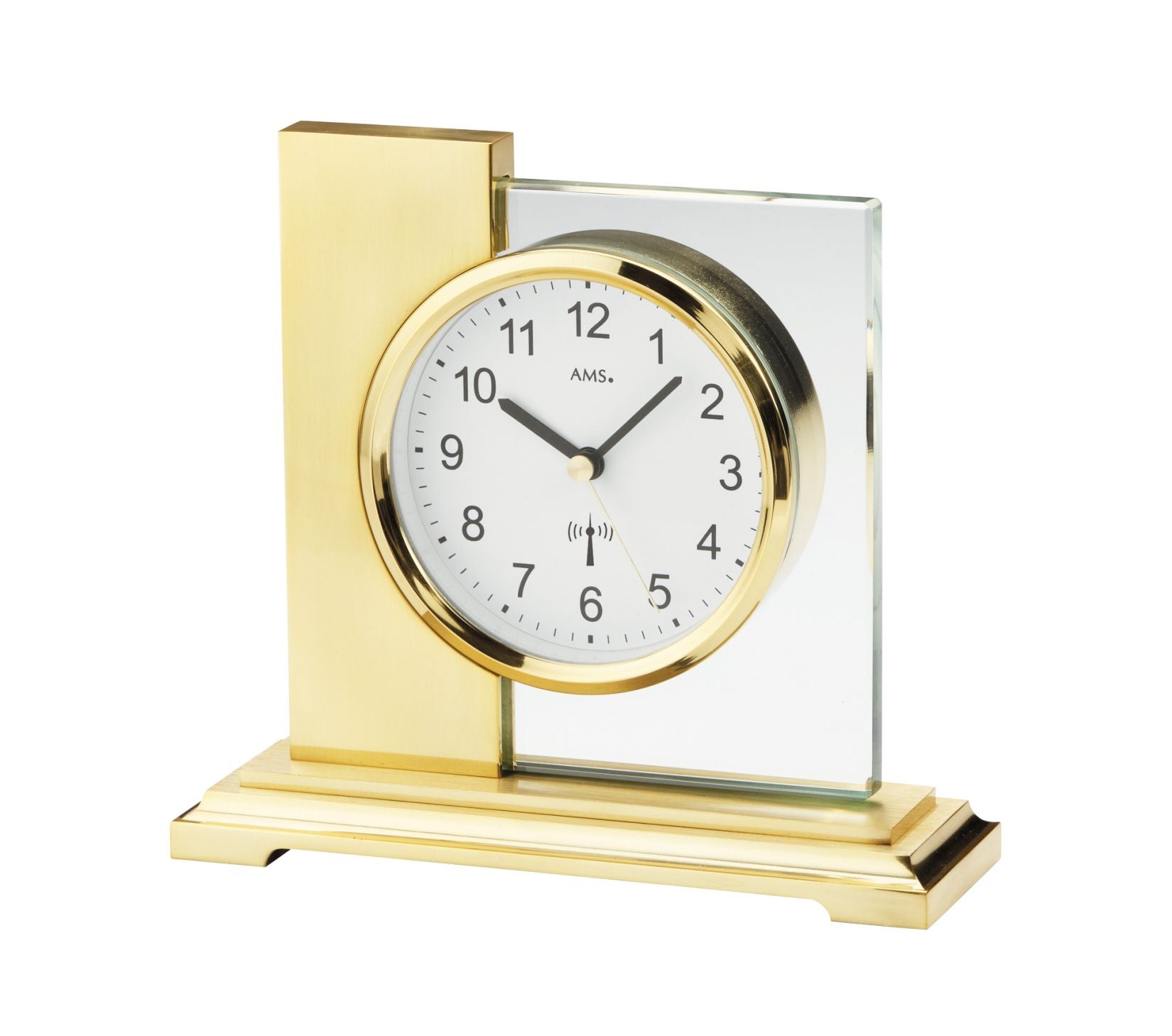 Goldene Tischuhr mit rundem Zifferblatt, Glasfront und Standfuß