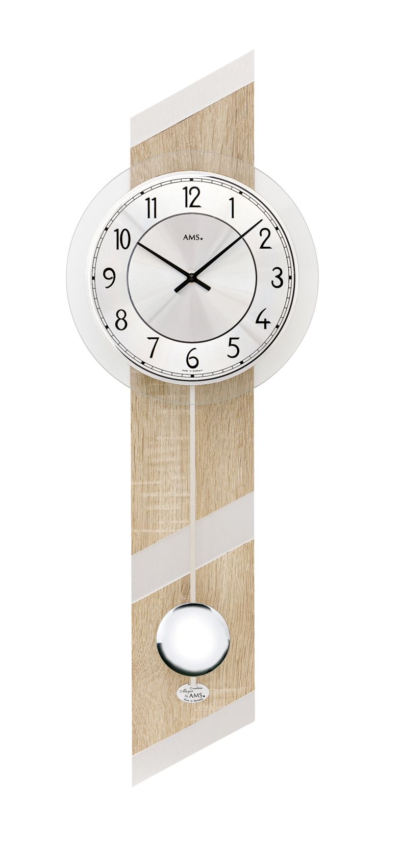 Wanduhr mit rundem Zifferblatt, Alurahmen und Holzpendel, Sonoma-Optik