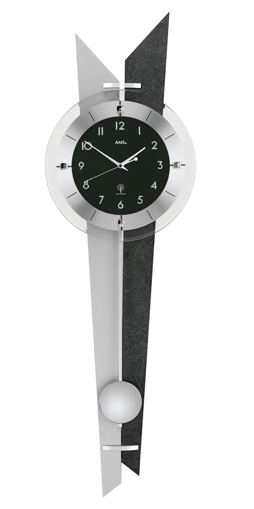 Funk-Pendeluhr Wanduhr mit schieferfarbenem Pendel, silbernem Ziffernring und Mineralglas