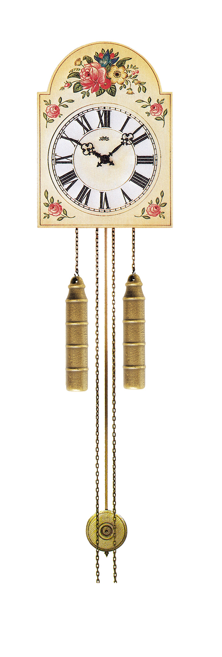 Wanduhr mit handbemaltem Rosendekor, römischem Ziffernblatt und zwei Kettengewichten