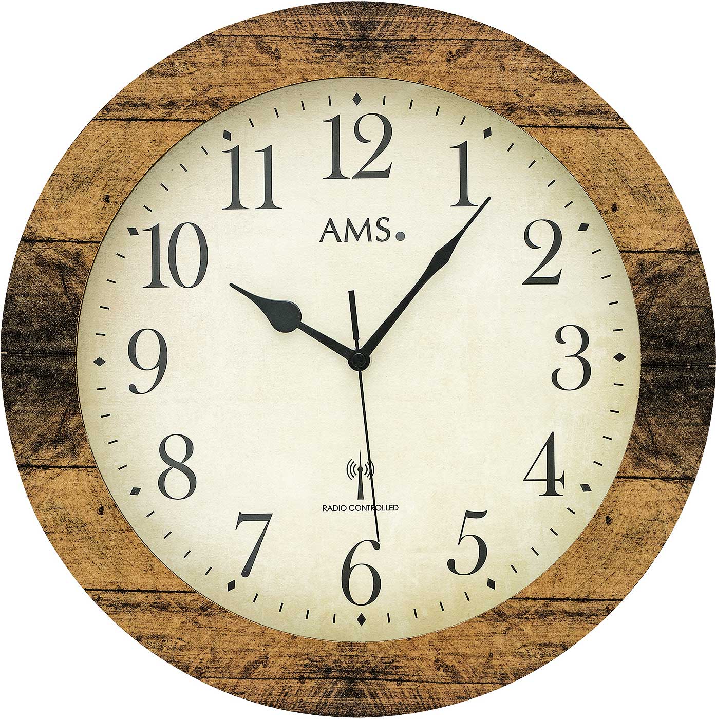 Runde Wanduhr mit Nussbaumholz-Zifferblatt und Mineralglas, Funk-Uhrwerk-Anzeige