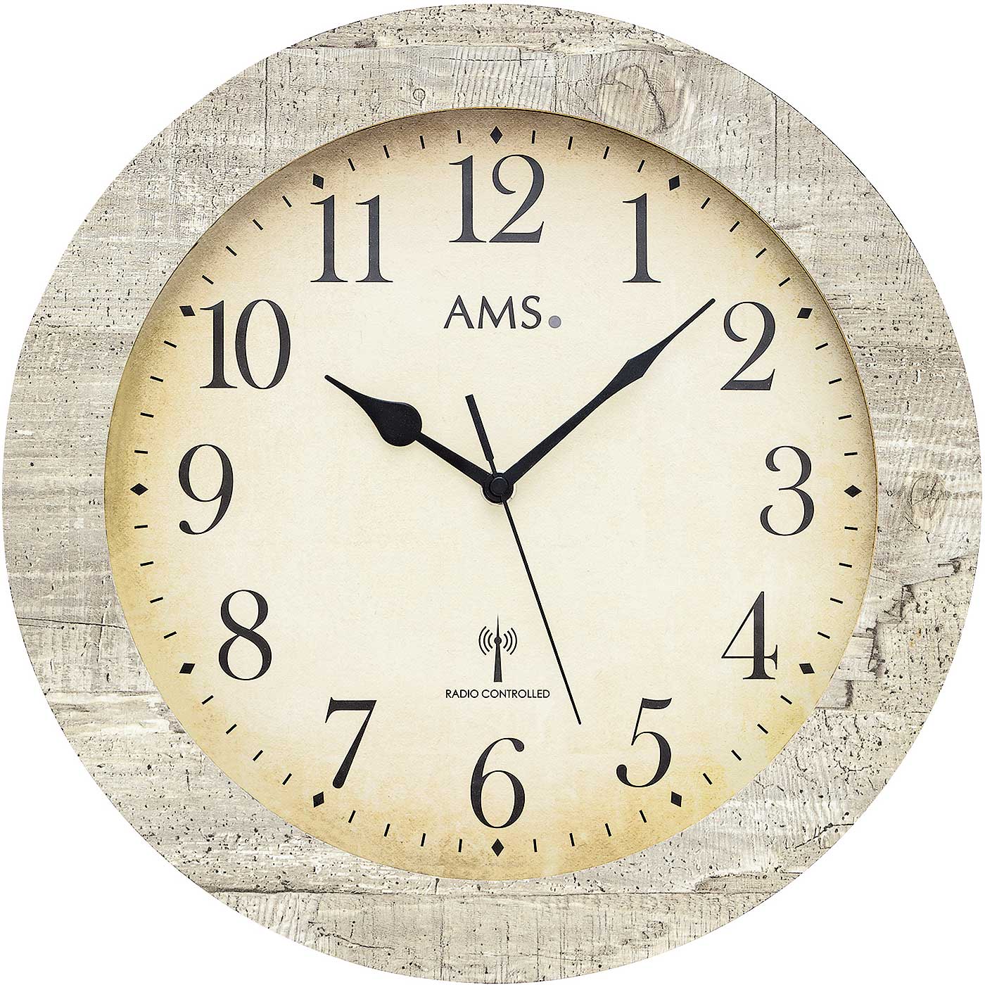 Runde Funk-Wanduhr mit beigem Zifferblatt, schwarzen Zeigern und römischen Ziffern, AMS-Logo