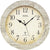 Runde Funk-Wanduhr mit beigem Zifferblatt, schwarzen Zeigern und römischen Ziffern, AMS-Logo
