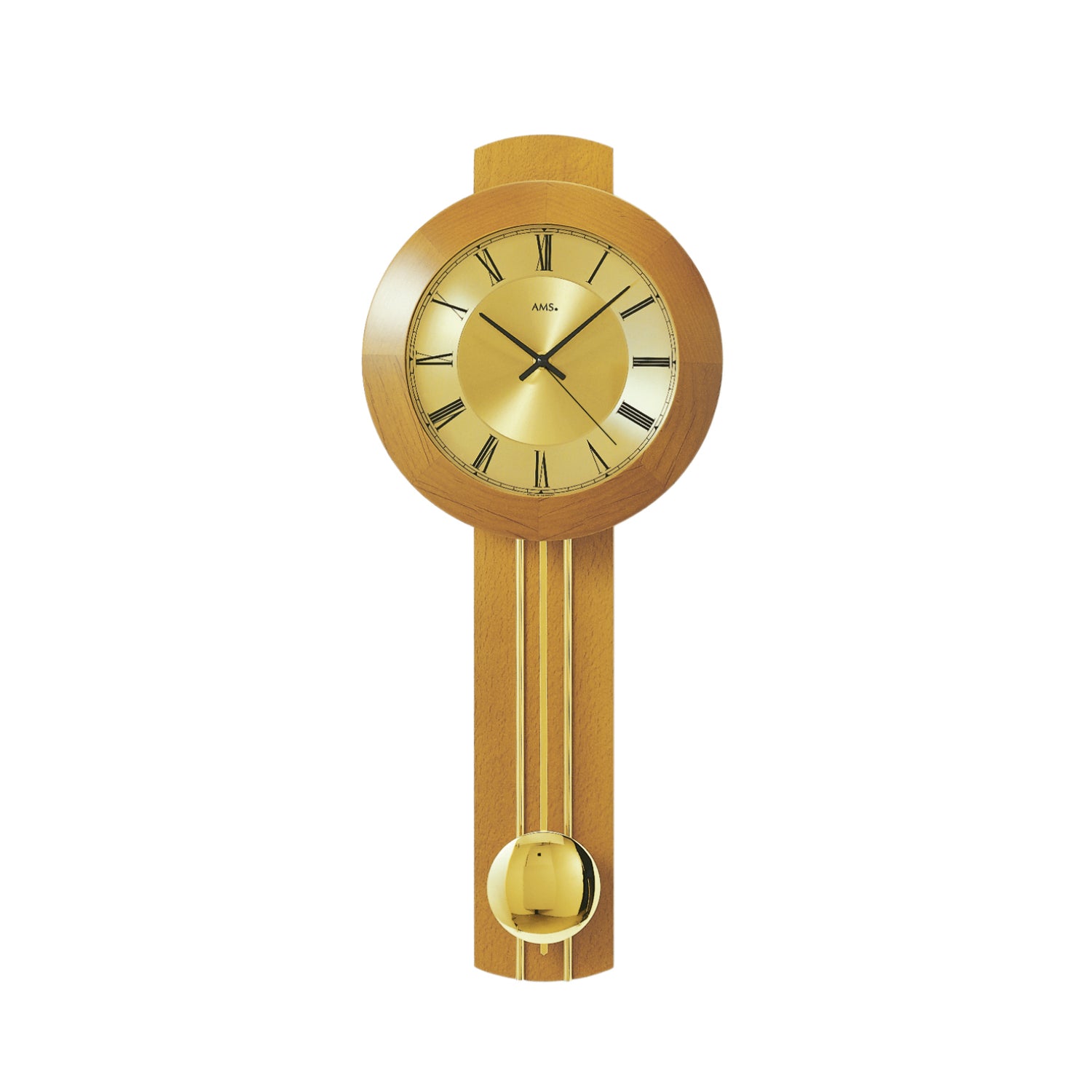 Kirschbaumfarbene Quarz-Wanduhr mit rundem Zifferblatt und Pendelwerk, Mineralglas