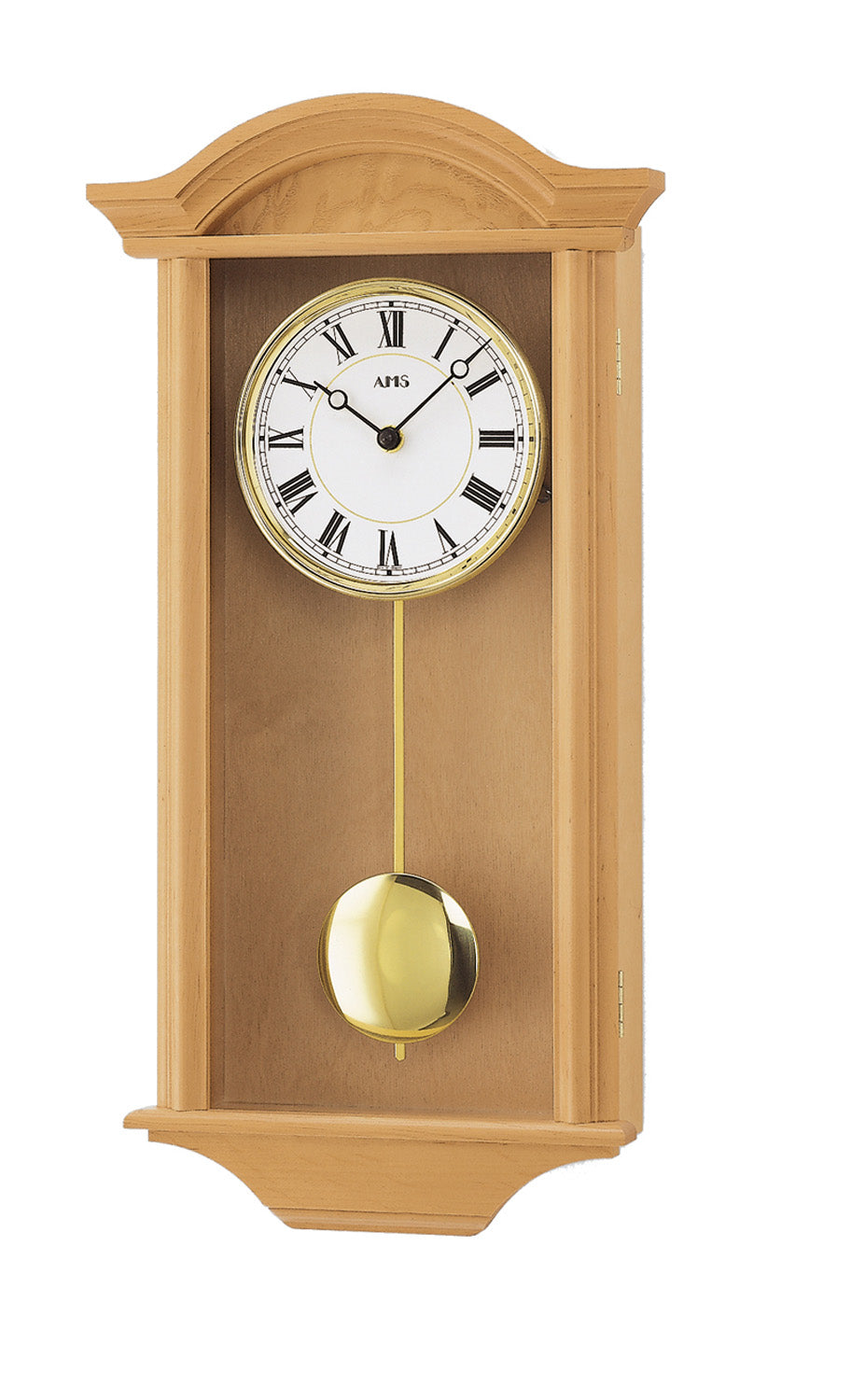 Holz-Wanduhr mit rundem Zifferblatt und römischen Ziffern; Pendelgewicht aus Messing