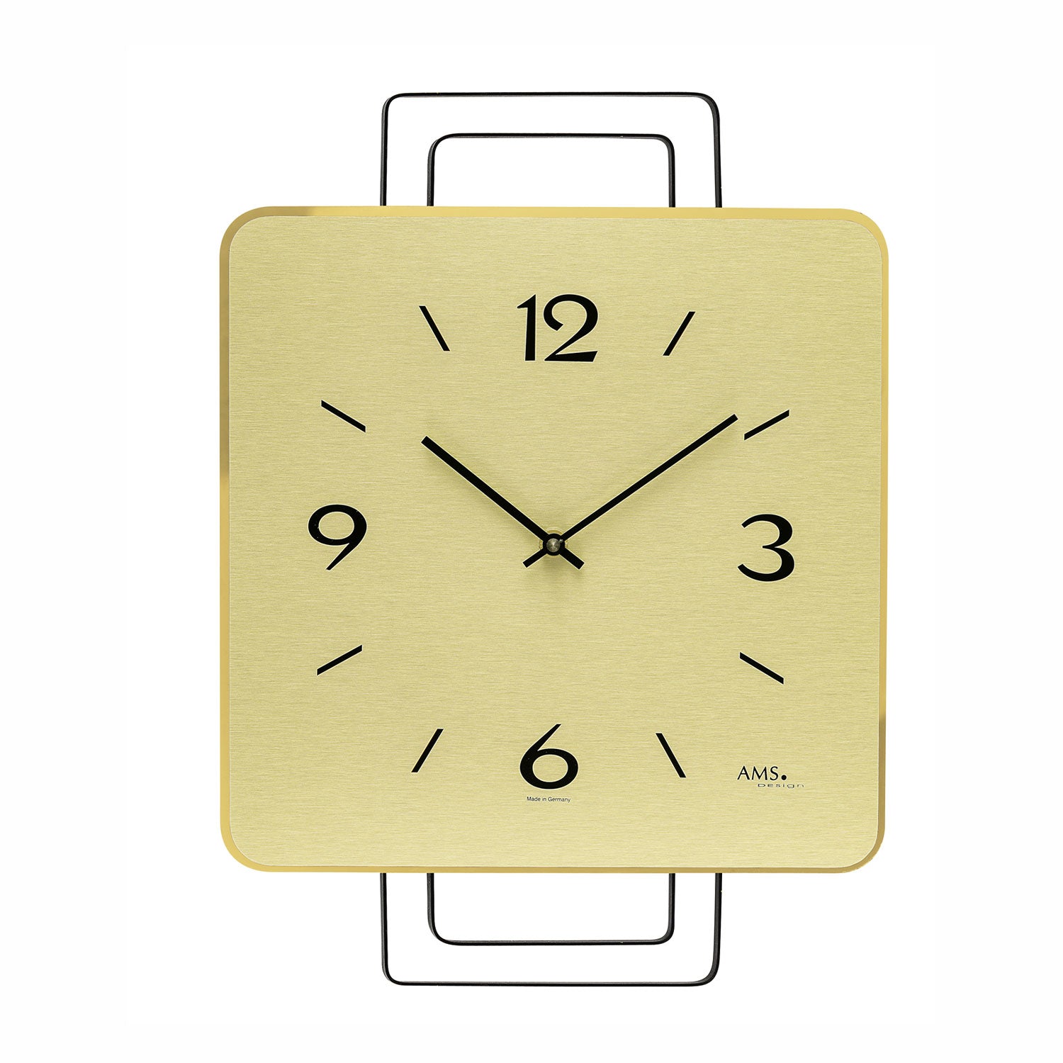Wanduhr mit Messingfarbenem Zifferblatt, schwarzen Zeigern und arabischen Zahlen 12,3,6,9
