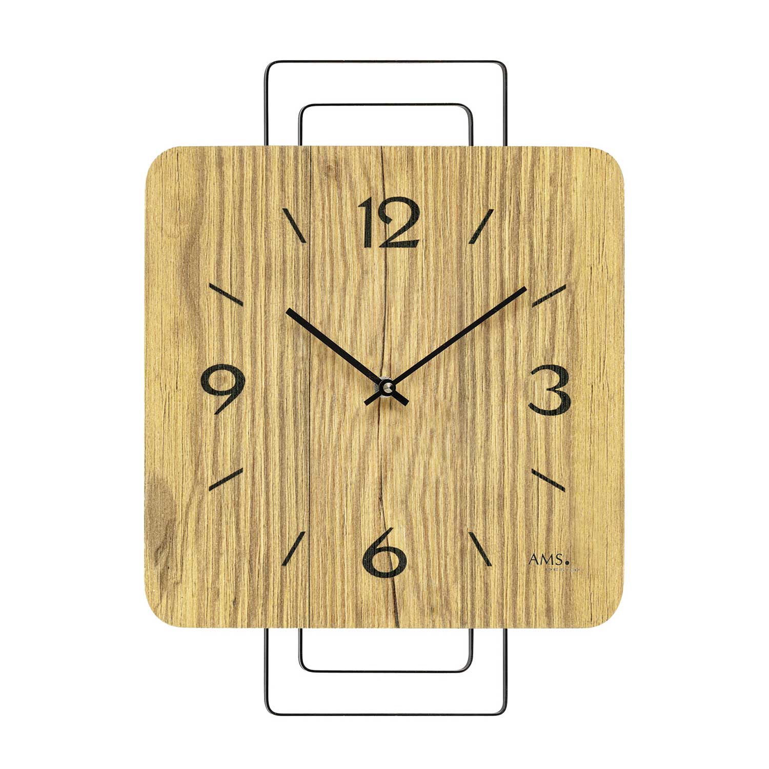Wanduhr aus Wildeiche mit Metallziffern, rechteckigem Holzgehäuse und sichtbaren Zeigern