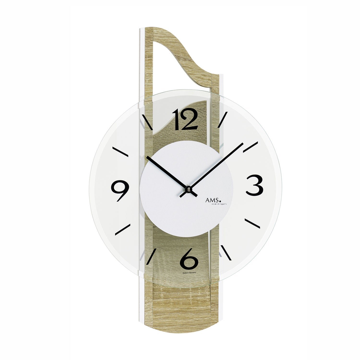 Wanduhr mit weißem Zifferblatt, schwarzen Zeigern und Holzgehäuse in Sonoma-Farbe
