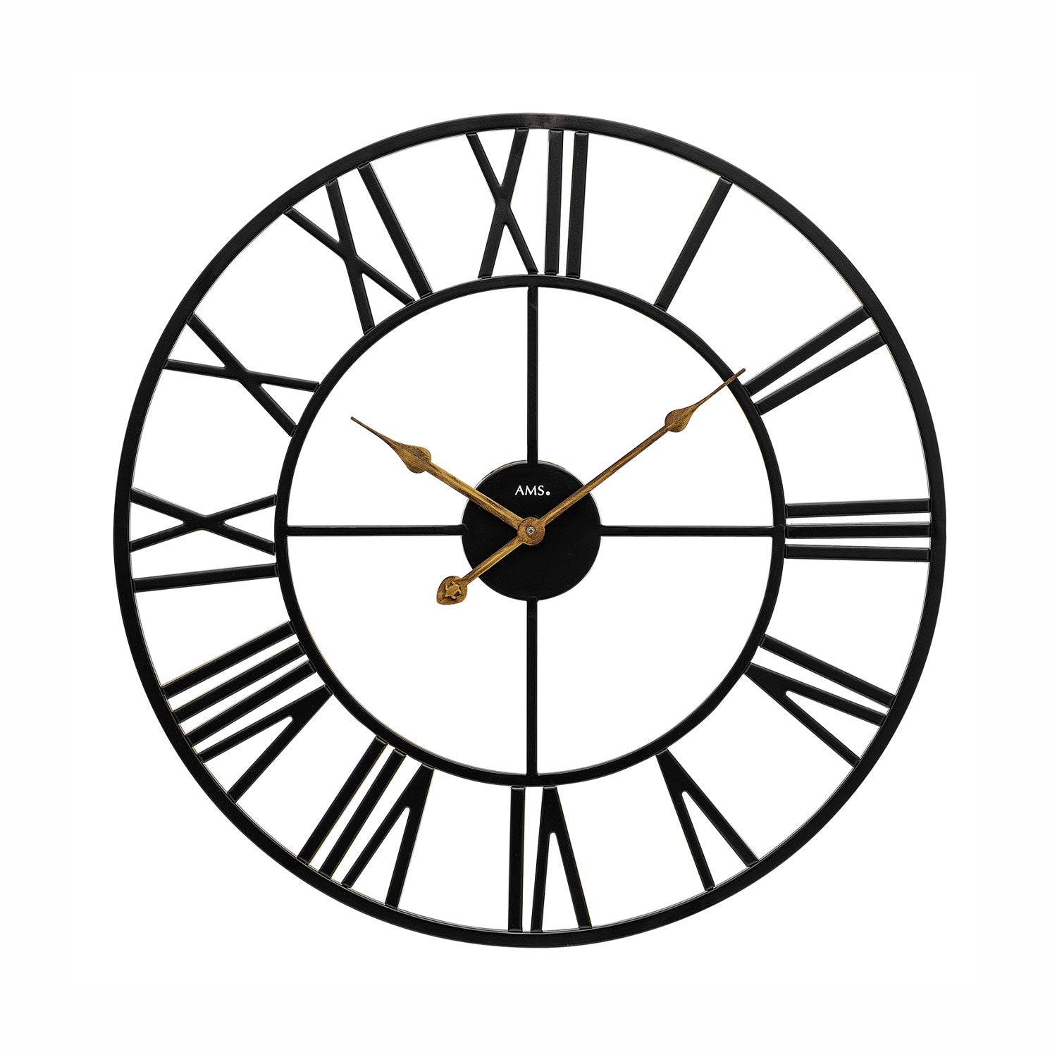 Wanduhr mit rundem schwarzem Metallgehäuse, römischen Ziffern und goldenen Zeigern