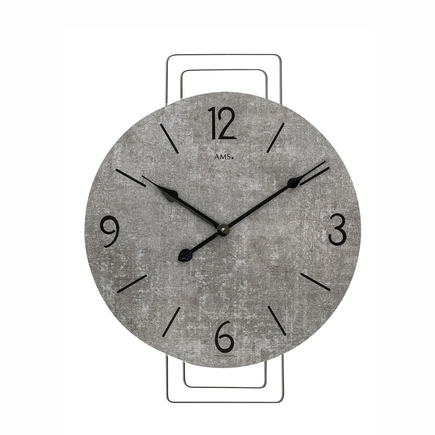 Wanduhr mit grauem Zifferblatt, schwarzen Ziffern und Zeigern, Metallrahmen, Quarzwerk