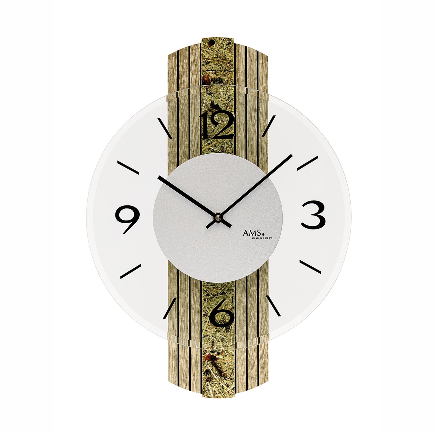 Runde Wanduhr mit weißem Ziffernblatt, schwarzen Zeigern, AMS-Logo und Holzgehäuse