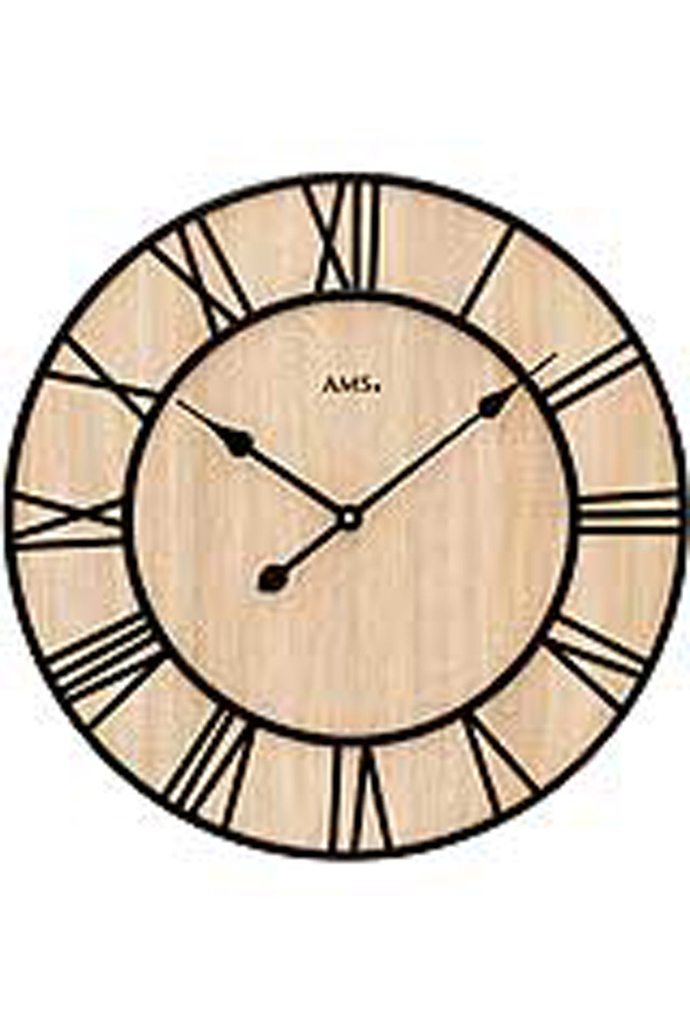 Wanduhr mit rundem Metallrahmen, hellem Holz-Zifferblatt und römischen Ziffern