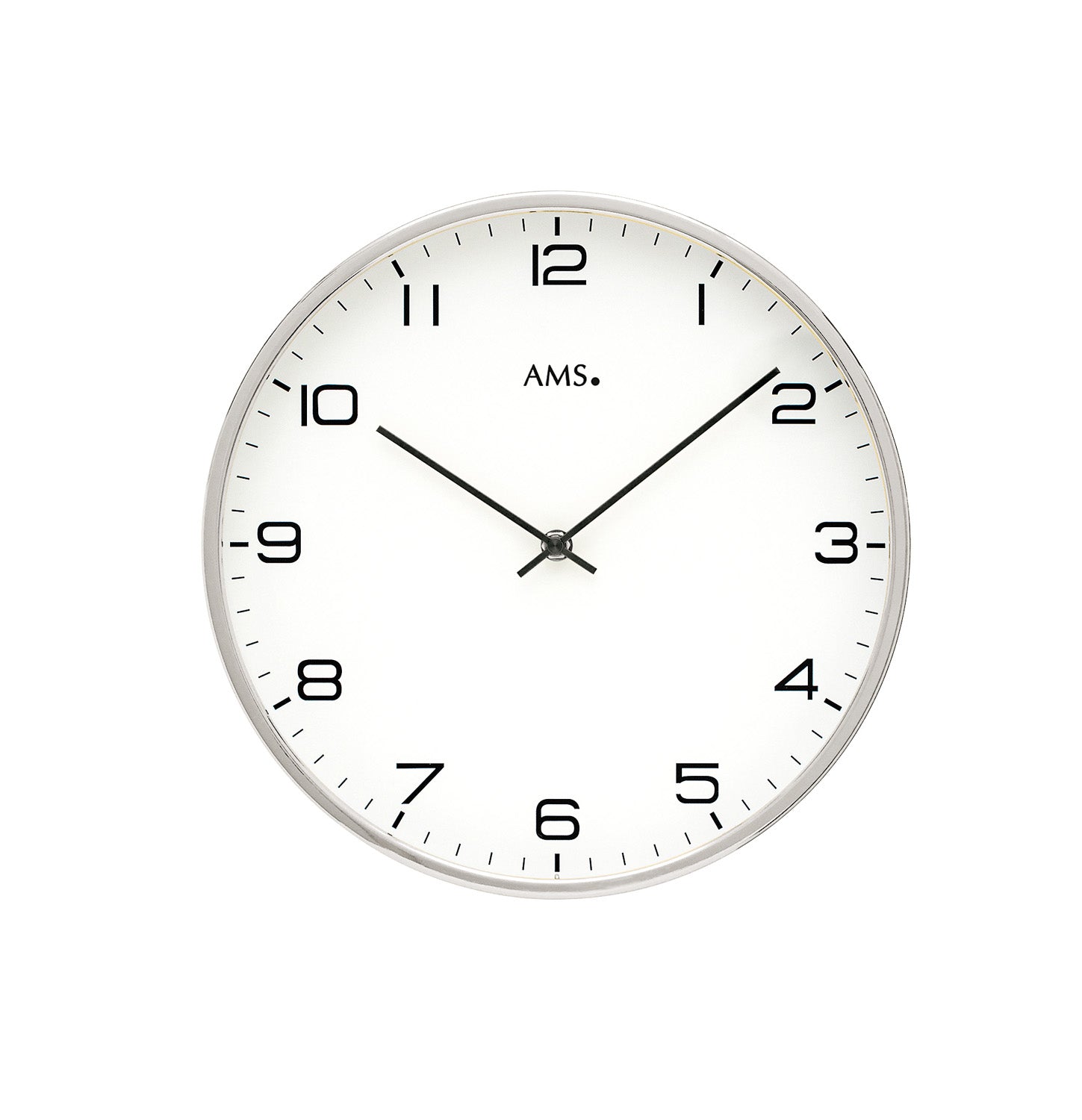 AMS Wanduhr mit vernickeltem Rahmen und weißem Zifferblatt, Glasfront