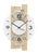 Wanduhr: rundes weißes Zifferblatt, schwarze Zeiger, AMS-Logo; Holz- und Natursteinrahmen.