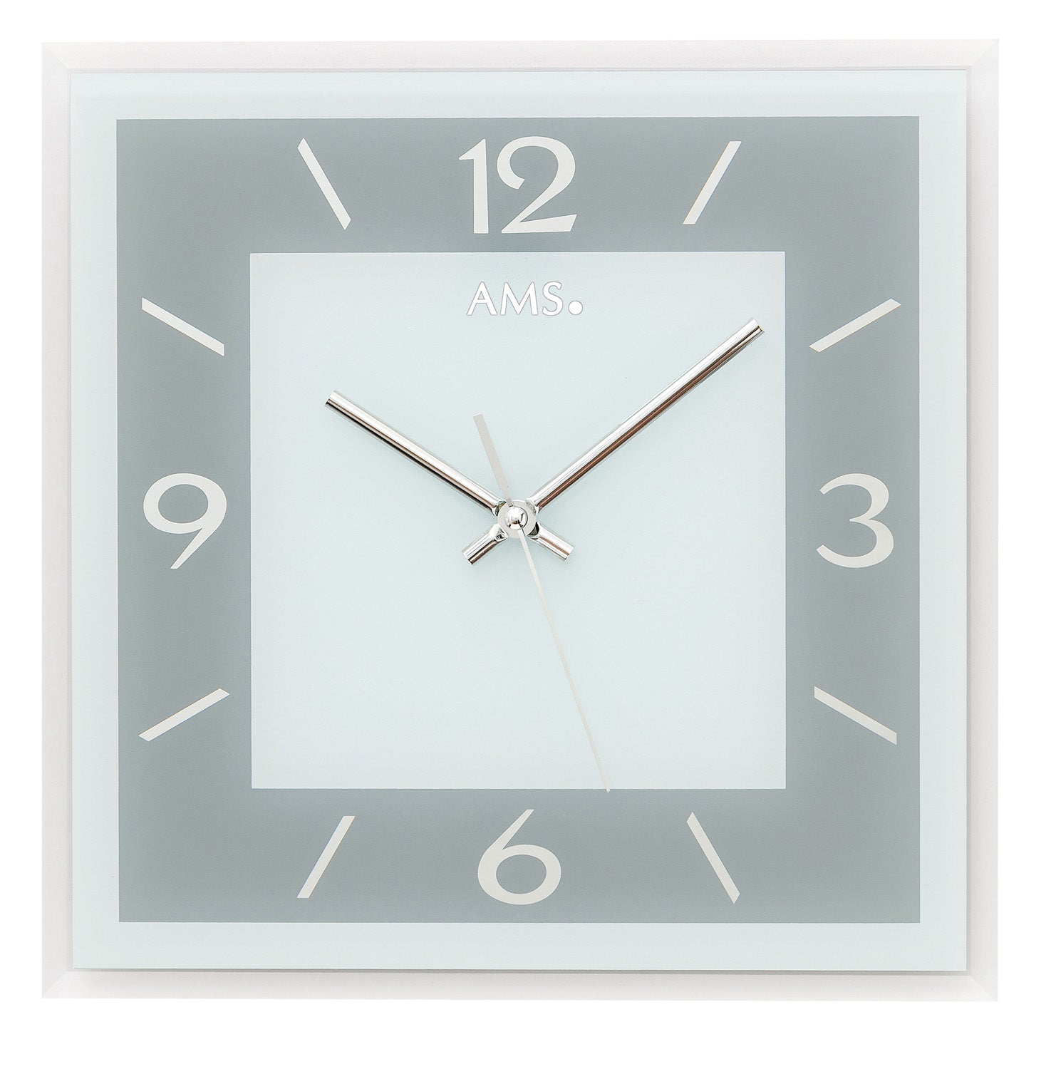 AMS Wanduhr mit blau-grauem Zifferblatt, silbernen Zeigern und quadratischem Glasrahmen