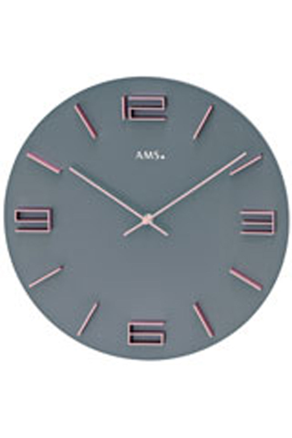 Grau-rosé Wanduhr mit roséfarbenen Indexen und Zeigern, runde analoge Uhr