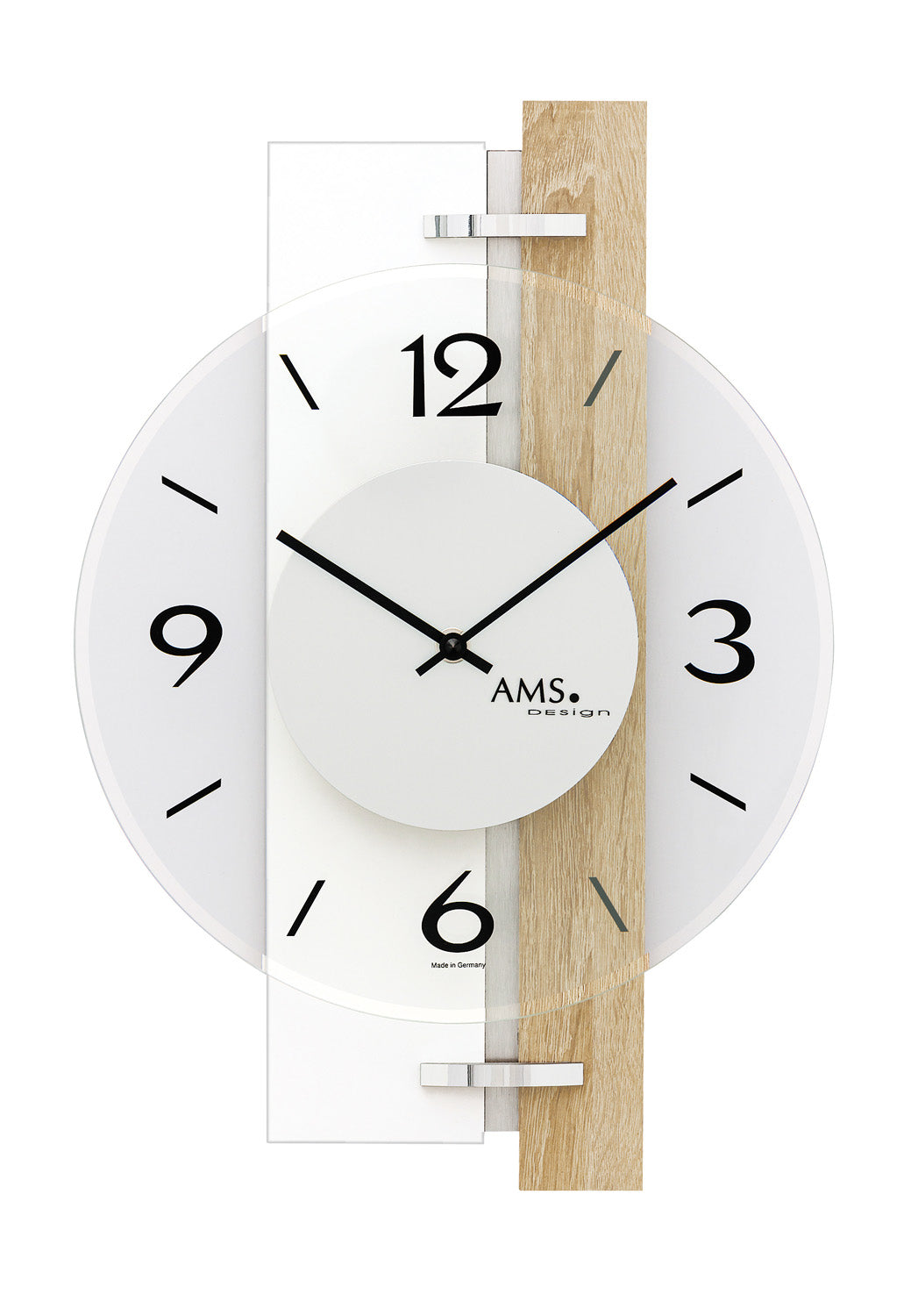 Wanduhr aus bedrucktem Mineralglas mit weißen Ziffern und Holzdekor, schwarze Zeiger