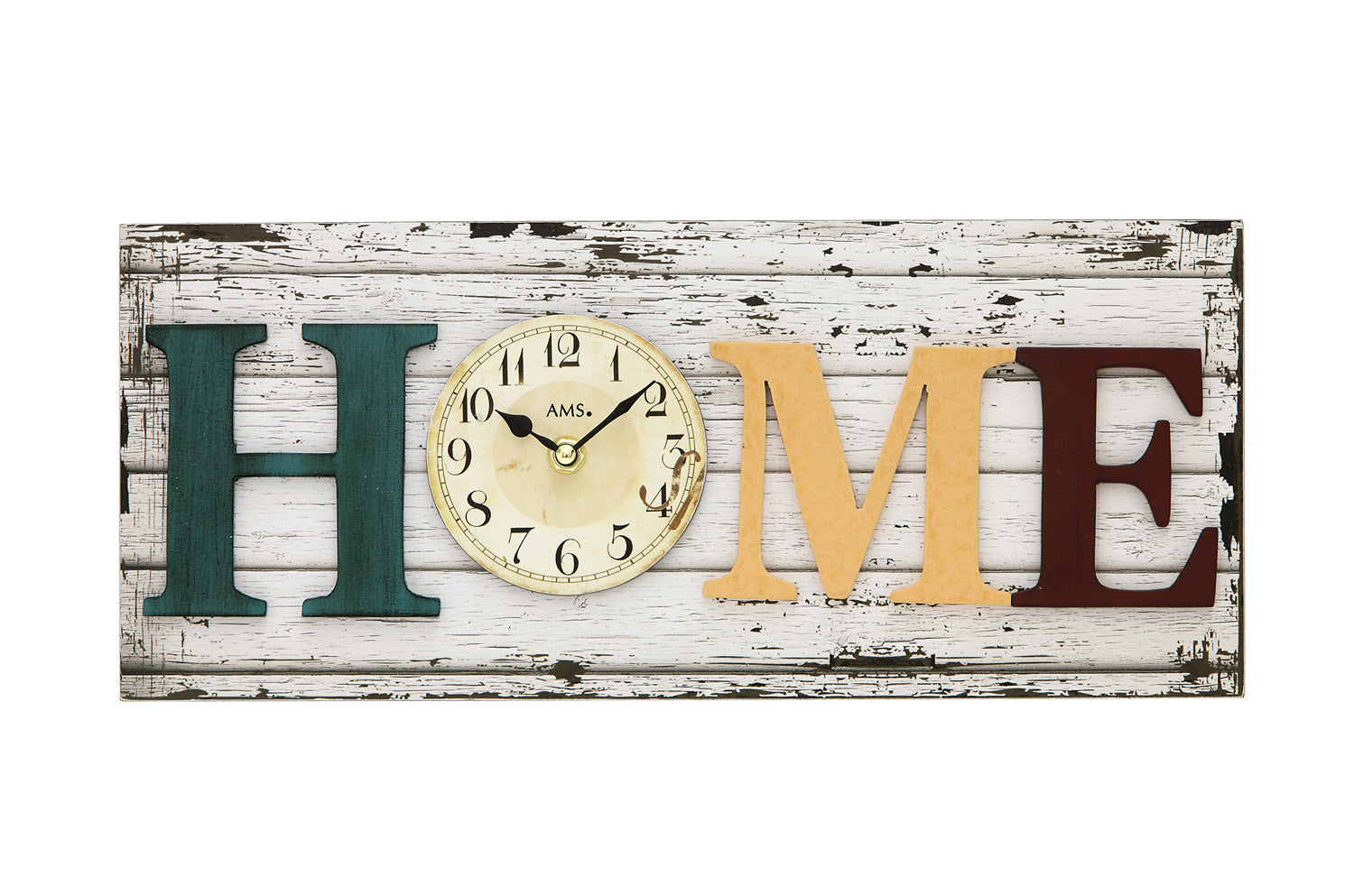 Rechteckige Holzwanduhr mit Glasziffernblatt, dekoriert mit HOME-Schriftzug