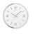 Runde Wanduhr mit weißem Zifferblatt, silbernem Rahmen und Index-Zahlen 1–12.