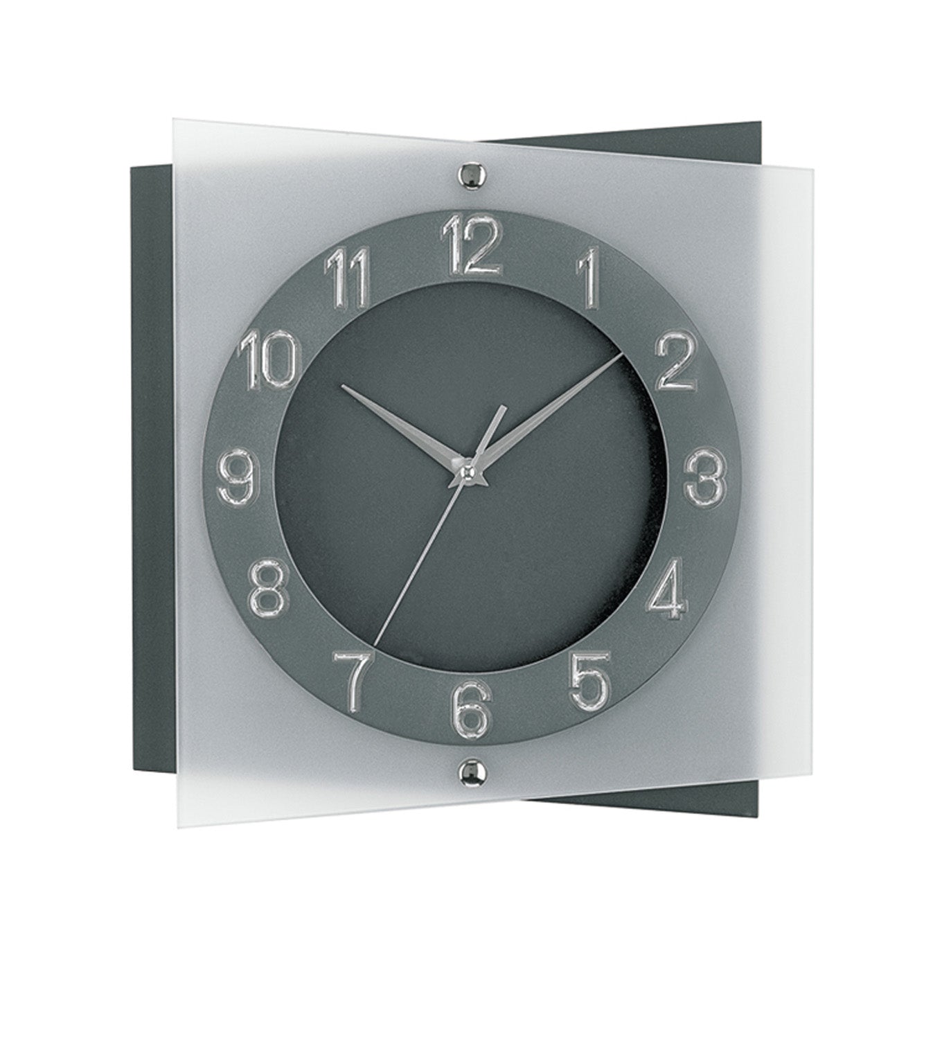 Anthrazitfarbene Wanduhr mit rundem Ziffernblatt und silbernen Zeigern, Mineralglas